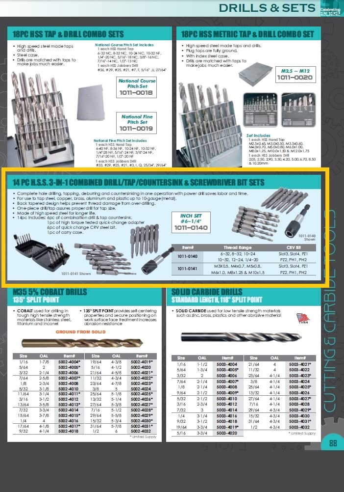 HHIP 1011-0140 14 Piece 6-32~1/4-20 High Speed Steel 3-in-1 Tap and Drill Kit 14 Pc. Set 6-32 to 1/4-20