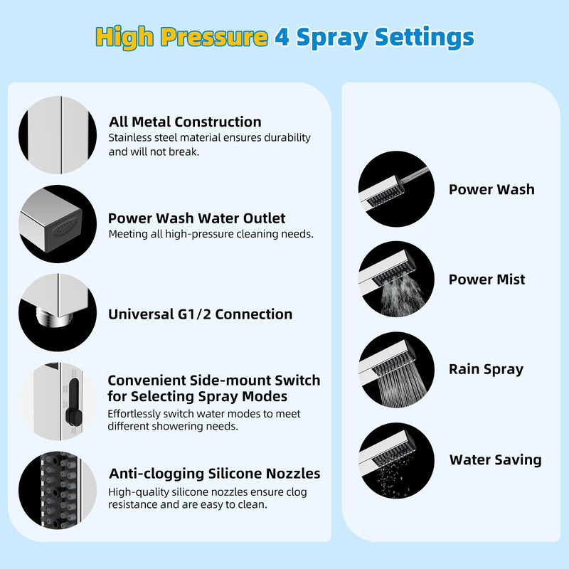 Hibbent All Metal cUPC Certified Shower Head, 8'' High Pressure Rainfall Shower Head, Showerhead Combo, Handheld Shower Wand, 12'' Adjustable Extension Arm, 4-Spray, 71'' Hose, Shower Holder, Chrome Square 8''