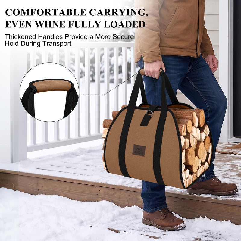 FEED GARDEN Firewood Carrier Bag Heavy Duty Waxed Canvas Log Carrier for Firewood Large Log Tote Fire Wood Carrying Bag with Handles for Easy Transport Carrying and Wood Stove Accessories Brown