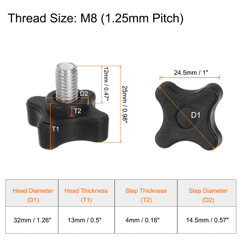 HARFINGTON 6pcs Star Clamping Knobs M8 x 12mm Metric Male Thread 32mm 4-Point Plastic Head Threaded Stud Knob Hand Tightening Thumb Screw Jig Handle, Black M8 x 12mm x 32mm