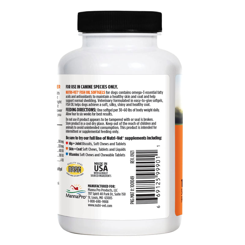 Nutri-Vet Fish Oil Supplements for Dogs | Skin and Coat Omega 3 Supplement | Dog Dry Skin & Dog Shedding Support | 100 Count Softgels - PawsPlanet Australia
