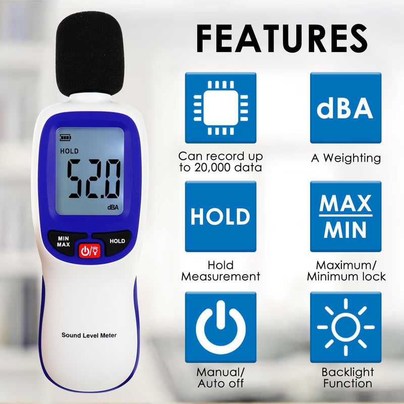 Wireless Decibel Meter, Bluetooth Sound Level Meter with App Data Logging and Alarm- Portable Audio Sound Tester Measures Noise Levels from 30~130dBA Noise Meter for Classroom, Home, Office