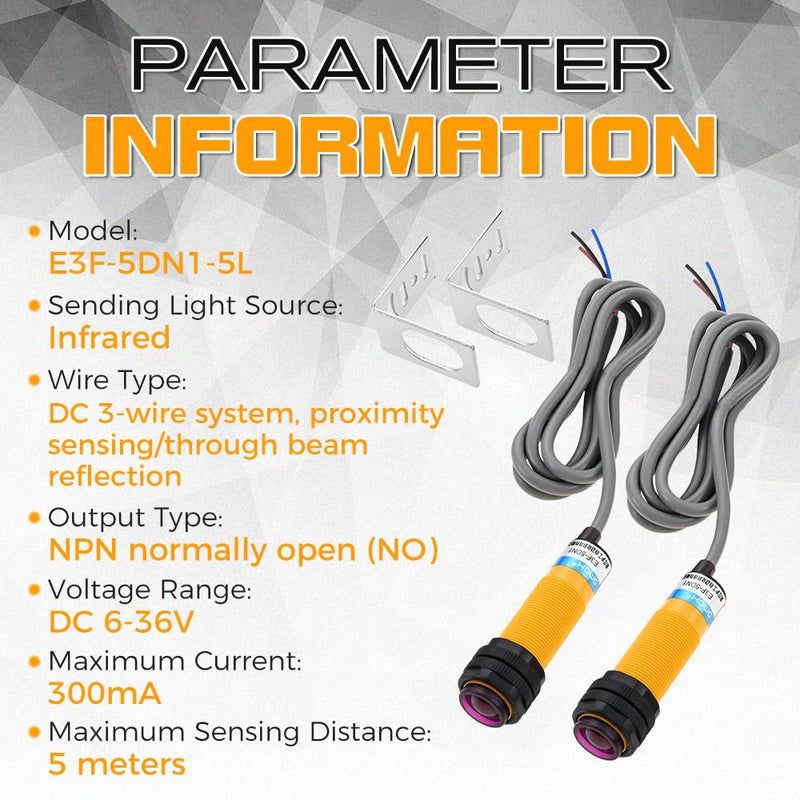 1 Pair M18 Photoelectric Sensor E3F-5DN1-5L, Infrared Through-Beam/Reflective Switch, 6-36VDC NPN NO Proximity Switch with mounting Bracket (Inductive Distance 5M)
