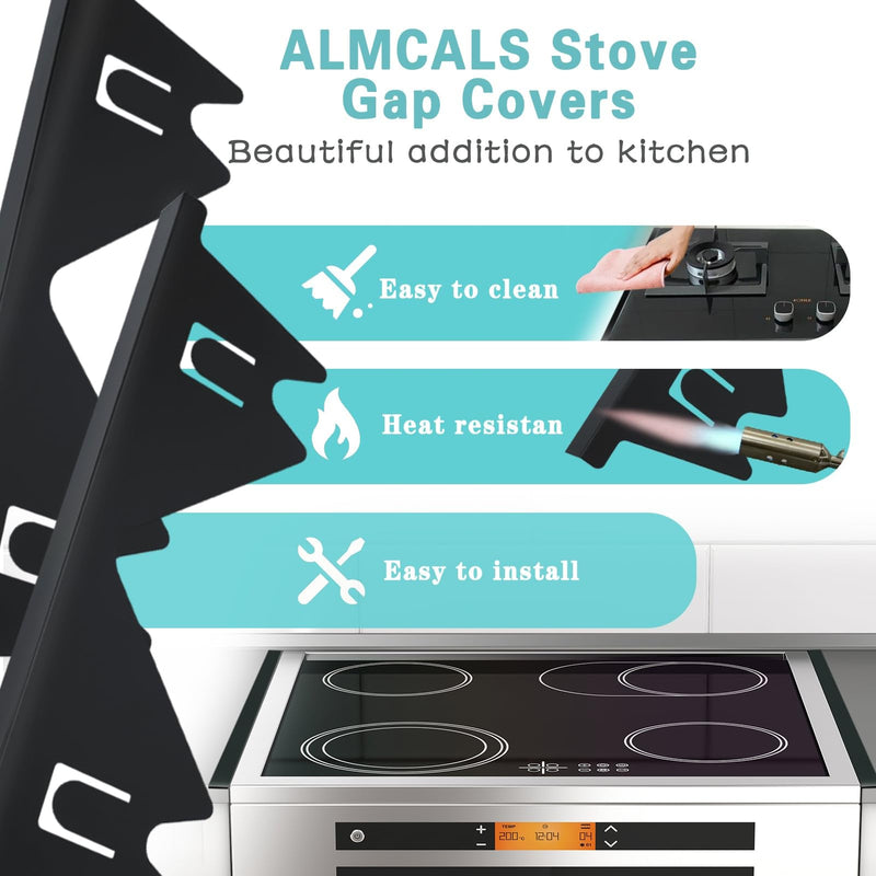 Stove Gap Covers Stainless Steel, 2 Pack Stove Gap Filler Easy Retractable Length 13.8" to 27.5", Width 0.79" ALMCALS Stove Gap Guards Range Trim Kit, Heat Resistant Guard Between Stove Top & Counter Black