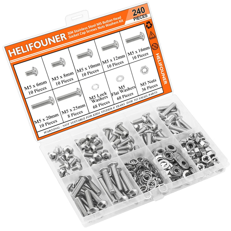 240 Pieces M5 x 6mm /8mm /10mm /12mm /16mm /20mm /25mm, Button Head Socket Cap Screws Bolts Washers Nuts Kit, 304 Stainless Steel