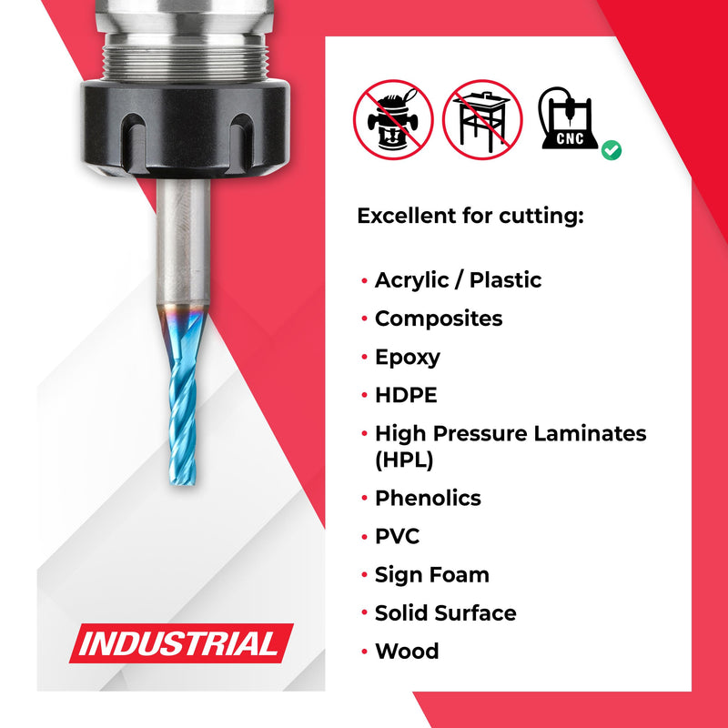 Amana Tool 46586-K CNC Spektra Extreme Tool Life Coated Spiral 2D/3D Carving 0.10 Deg Straight Angle Flat Bottom x 1/8 D x 1/2 CH x 1/4 SHK x 2 Inch Long x 4 Flute SC Up-Cut Router Bit