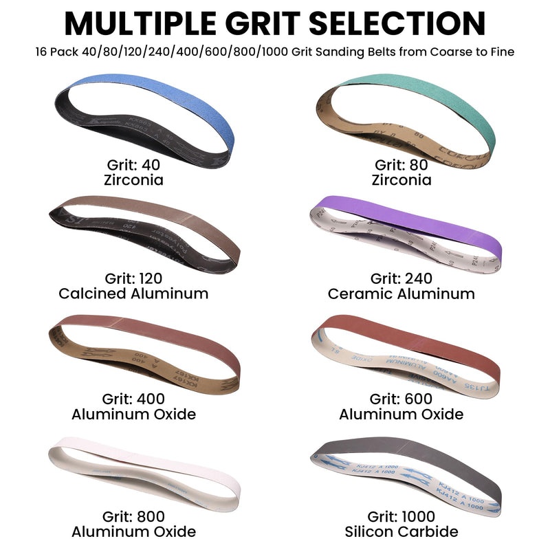 1-1/2 x 30 Sanding Belt Kit, 16 Pack 1.5 x30 Inch Polishing Belts 40-1000 Grit, Pipe Tube Polisher Sander Belts for Metalworking, Weld Removal