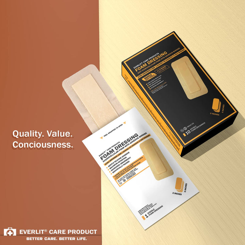 EVERLIT Silicone Foam Dressing with Gentle Adhesive Border | Sterile, Highly Absorbent, Waterproof Hydrocellular Foam Bandages | Advanced Wound Care for Bed Sores, Pressure Ulcers (2" x 5" | 10 Pack) 2" x 5" | 10 Pack