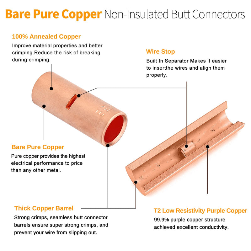 12 to 4 AWG Non-Insulated Butt Connectors 132 PCS Butt Splice Connectors Kit, 4/6/8/12-10 Gauge Bare Pure Copper Butt Splice Wire Connectors,66 PCS Uninsulated Butt Terminals & 66 PCS 3:1 Heat Shrink 4-12 AWG Assortment Kit-132pcs