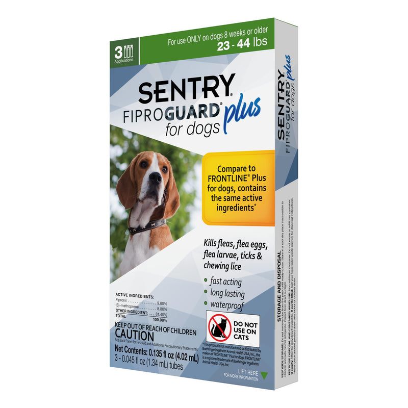 Sentry Fiproguard Plus for Dogs, Flea and Tick Prevention for Dogs (23-44 Pounds), Includes 3 Month Supply of Topical Flea Treatments