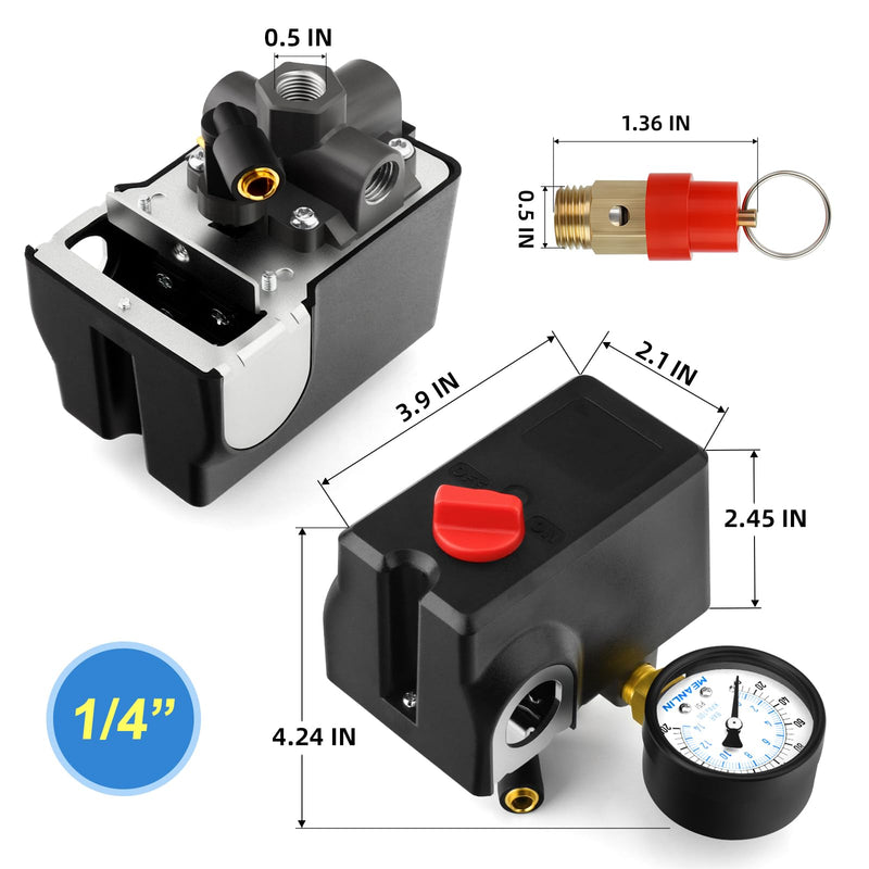 MEANLIN MEASURE Air Compressor Pressure Switch Control Valve 120-155 PSI 110V-240V 4-way Lateral Port Replacement Parts With 0-200 Psi Pressure gauge and Safety Pressure Relief Valve Basic Model