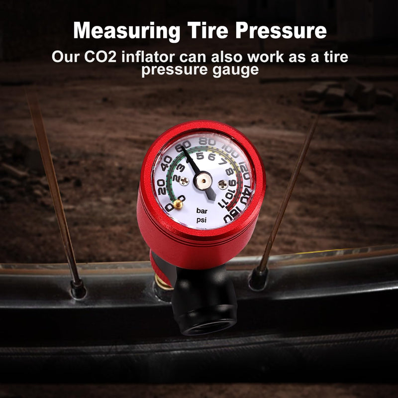 CO2 Bike Tire Inflator - Push-Button Presta & Schrader Compatible CO2 Bike Pump or 12X 16g Threaded CO2 Cartridges for Road Bikes, MTB, Hybrid Bikes With Pressure Gauge