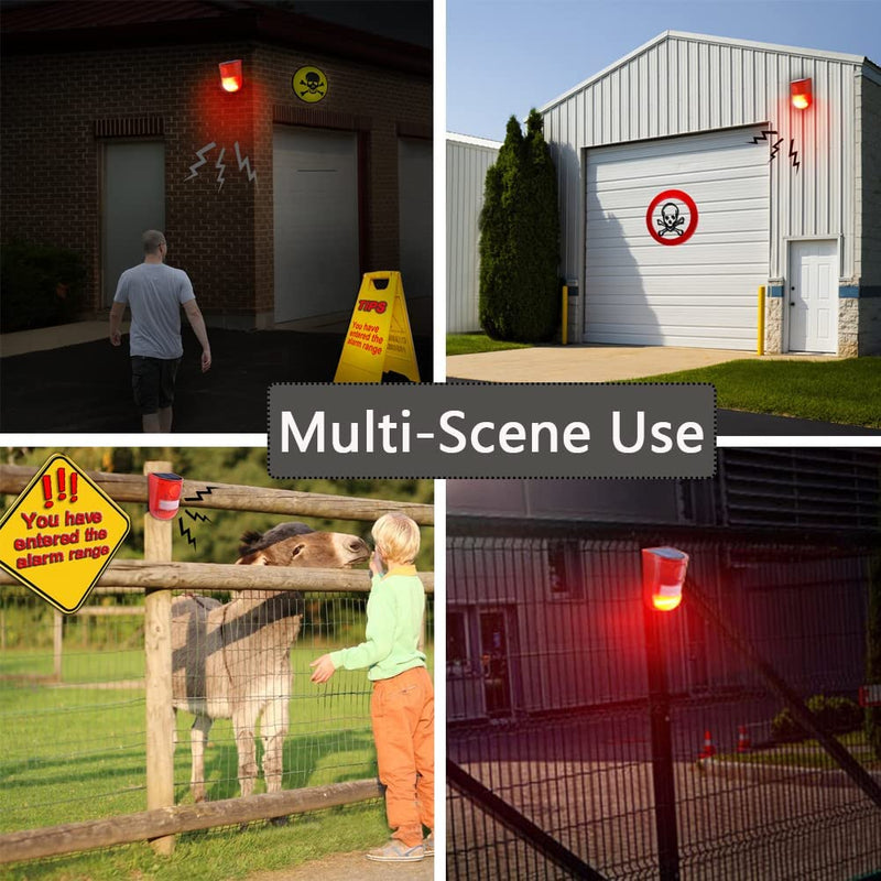2 Solar with Sound Strobe Light, Wall Mounted Outdoor Motion Red Sensor Alarm, 4 Modes of Motion Sensor, Alarm 129dB for Home Fence Farm Yard Garage Barn