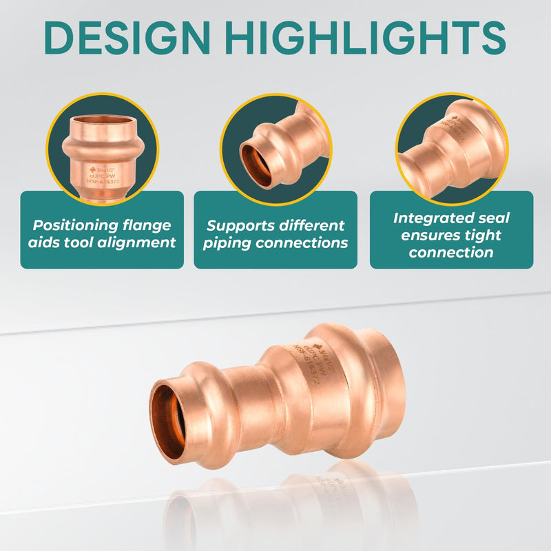 10-Pack Niikappu Copper Press Coupling 3/4" x 1/2", With Stop(PRESS015-10) 10 3/4" X 1/2"