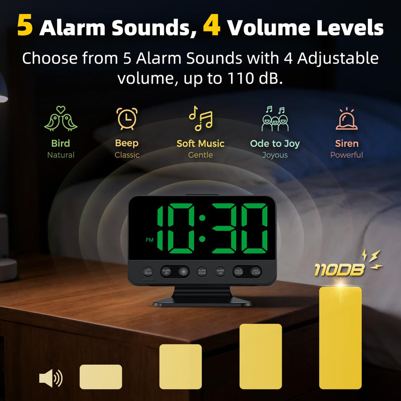 Digital Alarm Clock with Large Numbers for Bedrooms: Bold Display Readable Across The Room with 5 Level Brightness - 5 Alarm Sounds 8 Night Lights for Kids Seniors Teens - Green Black - Green Digits
