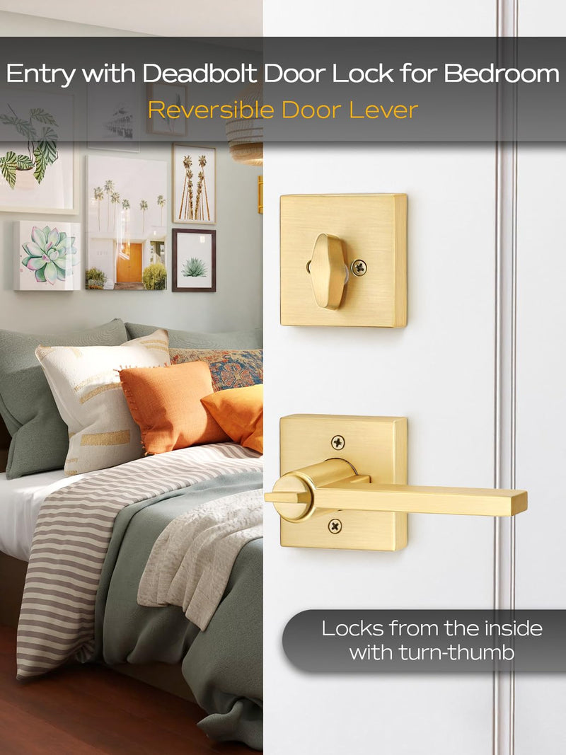 EHOMEWARE 1 Set Entry Door Handle and Single Cylinder Deadbolt Lock and Key Combo Pack - Heavy Duty Square Locking Lever Set - Interior/Exterior Door Levers in Satin Brass Finish Entry Door Lock with Single Deadbolt Cylinder