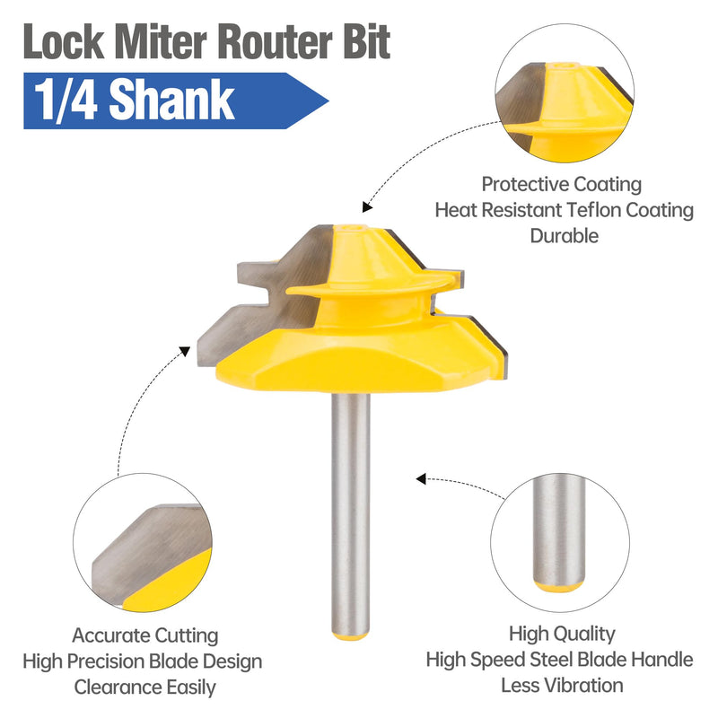 HUHAO 3PCS 45 Degree Lock Miter Router Bit Set 1/4 Inch Shank for 21/32",9/16",15/16" Cutting Height Joint Router Bits for Creating Lock Miter Joint
