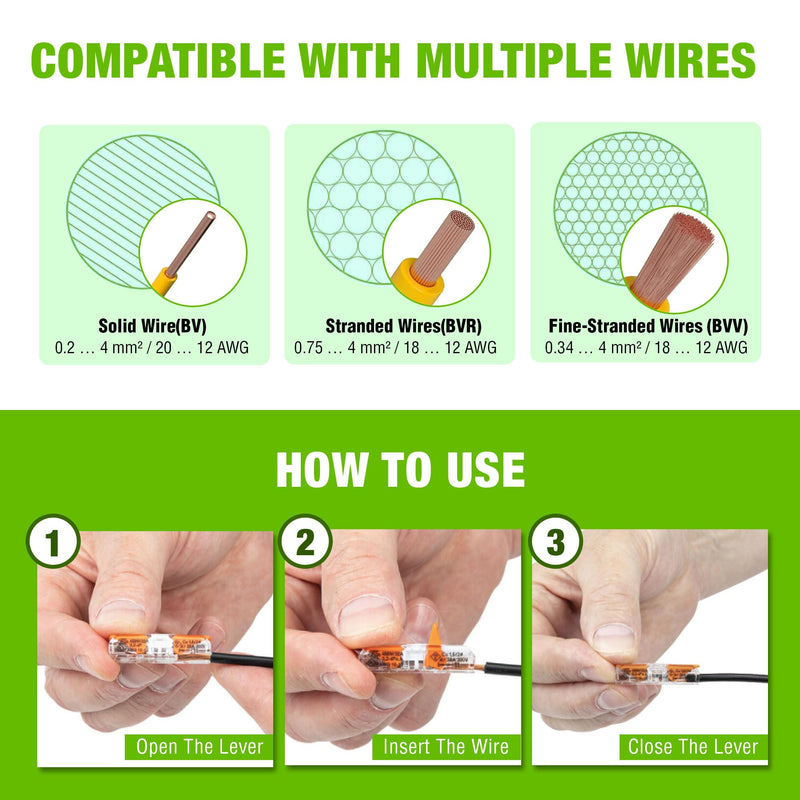 WAGO 221-2401 20pc Inline Compact Splicing Wire Connectors | Includes 20pc 221-2401 (2 Conductor) | WAGO Wire Connectors | WAGO 221 Wire Nuts | WAGO 221 Series Inline | WAGO Inline Wire Connectors 20
