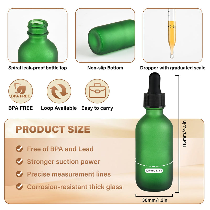 6 Pcs, 2oz Dropper Bottle, Green Glass Eye Dropper Bottle, Tincture Bottles with Dropper, Pretty Finish, Leak-Proof Design, Stronger Suction for All Kinds of Mixed Liquids 2oz-6Pack Green Frosted