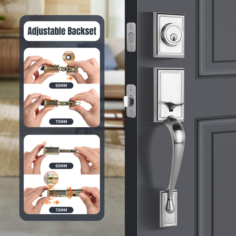 Front Door Handleset with Deadbolt – Satin Nickel Entry Handle Set with Interior Door Knob, Keyed Single Cylinder Lock, Reversible, Fits 1-3/8"–1-3/4" Doors