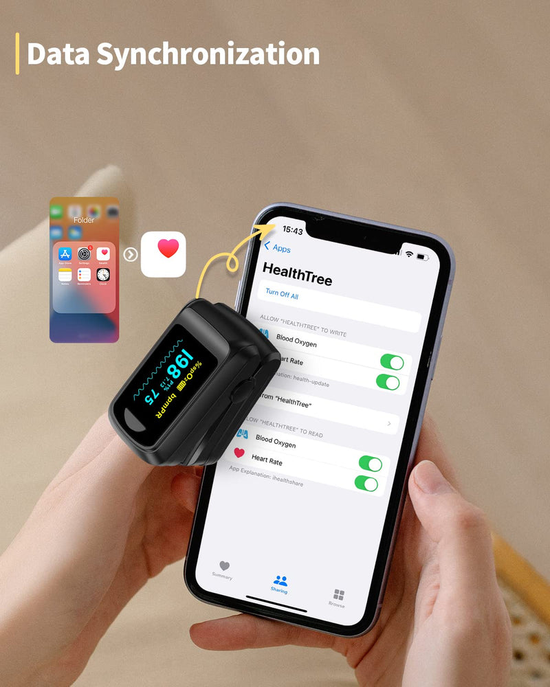 Pulse Oximeter Blood Oxygen Monitor Fingertip HealthTree Bluetooth Pulse Ox with Free APP, O2 Pulse Oximeter Finger and Heart Rate Monitor Black