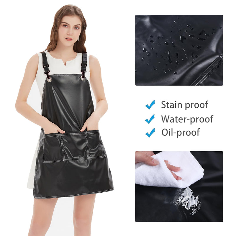 PU Leather Waterproof Aprons Cross-Back Adjustable With Pockets Hair Salon Work Apron for Hair Stylist Super Light Black+black Buttons