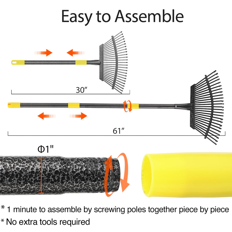 Leaf Rake, 30-61 inch Garden Rakes for Leaves Heavy Duty Long Handle, 25 Tines 18" Wide Metal Thatch Lawn Gravel Shrub Yard Landscape Rake for Leaves and Grass 30-61"