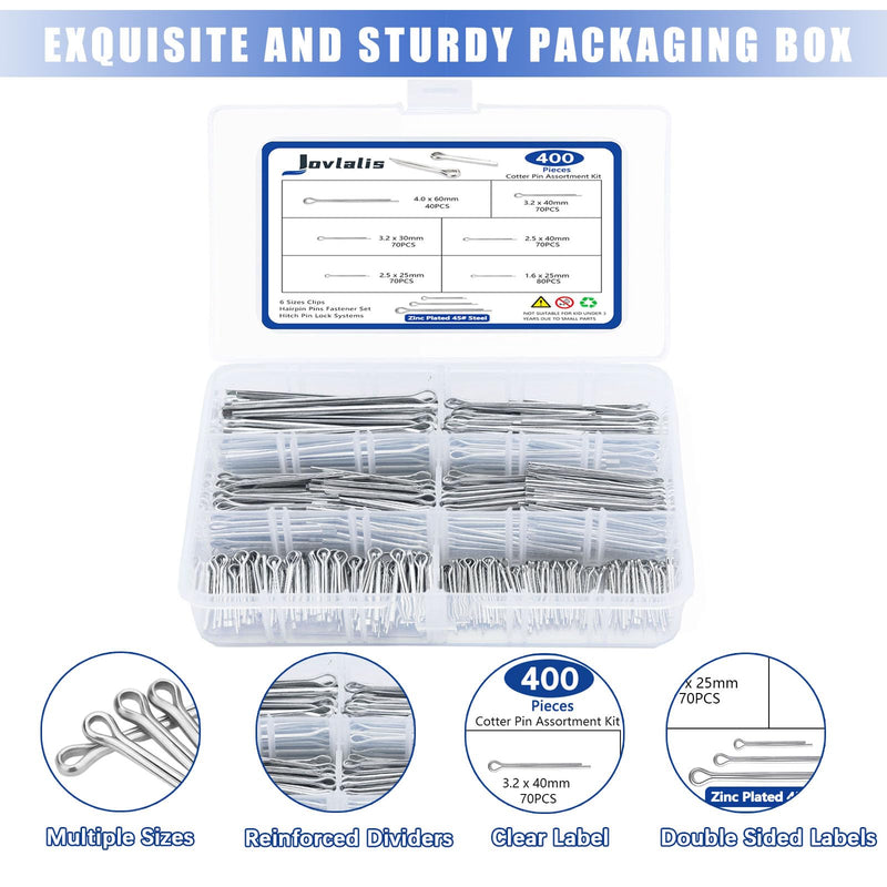 Cotter Pin Assortment, 400 PCS Hairpin Cotter Pins, Split Pin Fastener Clips, Straight Hairpins, Holds Pins or Castle Nuts in Place (Zinc Plated Steel) 400PCS Hairpin Cotter Pins