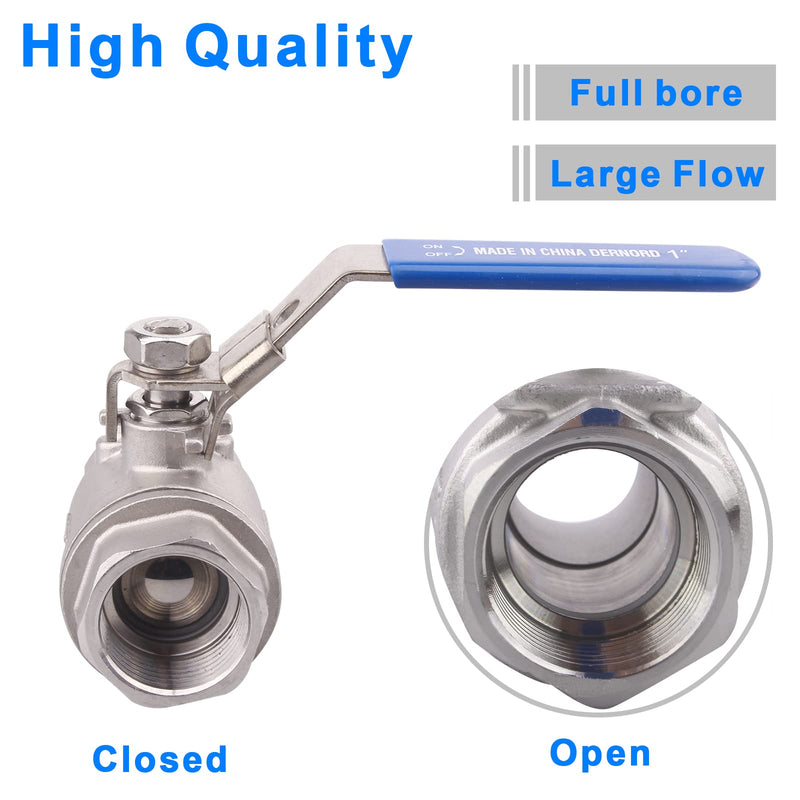 DERNORD Stainless Steel 304 Ball Valve, 2-Piece Full Port Heavy Duty for WOG with Locking Device (1 NPT) 1" NPT Pack of 1