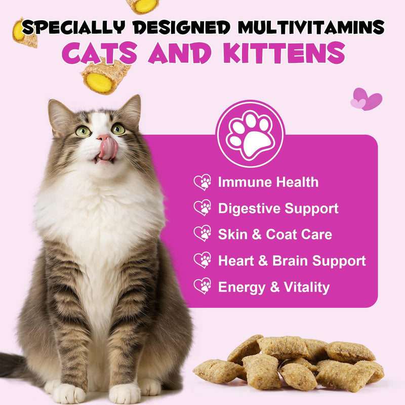 Cat Multivitamin Chews, Crunchy & Creamy Cat Treats, Daily Nutritional Support for Cats & Kittens, Skin & Coat Care, with Taurine, Chicken Flavor, 100g