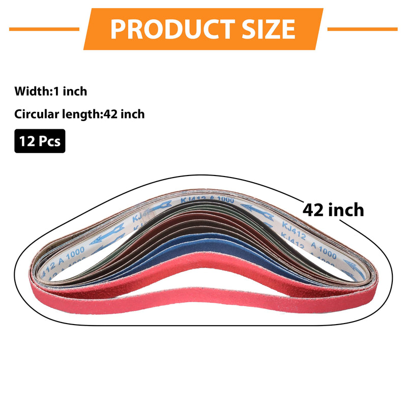 1x42 Inch Sanding Belts for Knife Sharpening, 40/80/120/240/400/1000 Grit – Ceramic/Zirconia/Alumina/SiC, for Metal Wood Plastic Polishing Deburring, Fit 1 x 42 Belt Sander,12 Pack 1x42 (Assorted Grits)