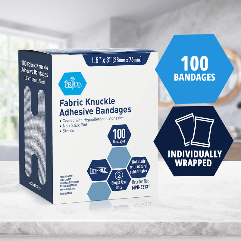 MED PRIDE Sterile Fabric Knuckle Adhesive Bandages [100 Count]- First Aid Finger Bandages Coated with Hypoallergenic Adhesive- Latex-Rubber Free Wound Care Bandages- Individual Wrapped- 1.5''x3'' - NewNest Australia