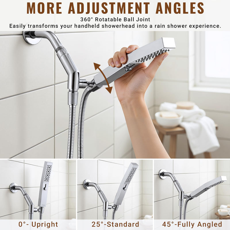 G-Promise All Metal Handheld Shower Head Holder with Extra-Wide Adjustable Angle Range, Solid Brass Shower Wand Bracket with Pivot Ball, Universal Bathroom Part Replacement (Chrome)