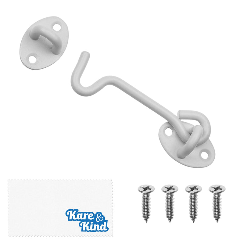 Kare & Kind 1x Hook and Eye Latch (4-inch) - with Mounting Screws - Heavy Duty Locks for Door, Gates, Barns, Bathrooms, Cabins - Powder Coated Anti-Rust Material - for Security and Privacy - (White) White - 4 Inch