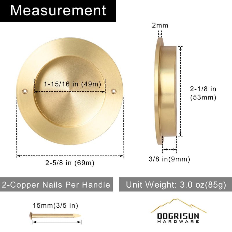 QOGRISUN 4-Pack Solid Brass Finger Pulls for Sliding Doors, 2-1/8 Inch Flush Recessed Handle, Brushed Gold Closet Door Hardware, Round Cup Pull for Cabinet, Drawer, and Pocket Doors