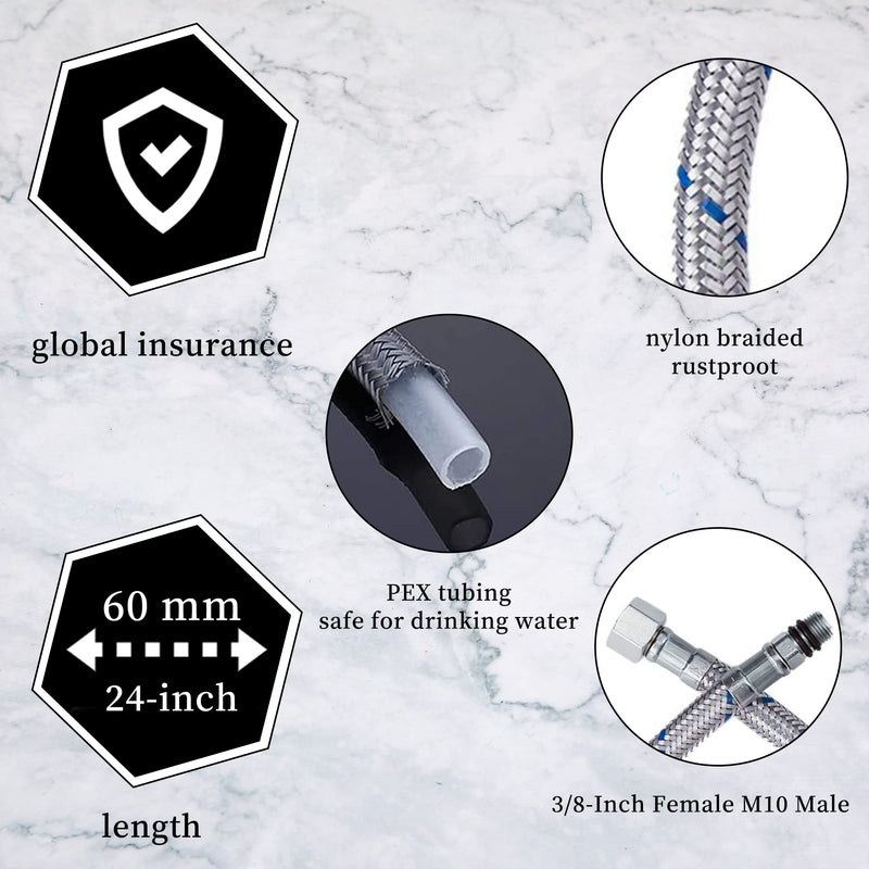 GGStudy 24-Inch Faucet Connector Braided Stainless Steel Supply Hose 3/8-Inch Female Compression Thread x M10 Male Connector One Pair 24inch