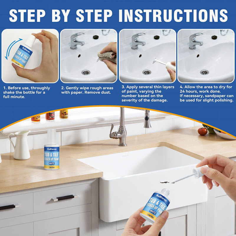 Tub and Tile Paint, White Touch Up Paint Pen, White Paint for Countertop, Bathtub, Porcelain Paint for Any Scratches Spots on Tiles, Sinks, Enamel, Toilets, 1.5 Fl Oz