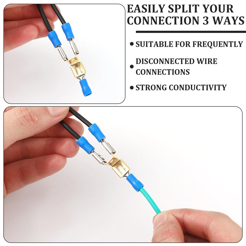 25 Pcs Piggyback Spade Connectors Chair Terminal Quick Disconnect Electrical 3 Way Adapter, 1/4" 2 Male and 1 Female Tabs, Non Insulated Brass 90 Degree Electrical Crimp Terminals Connectors 25