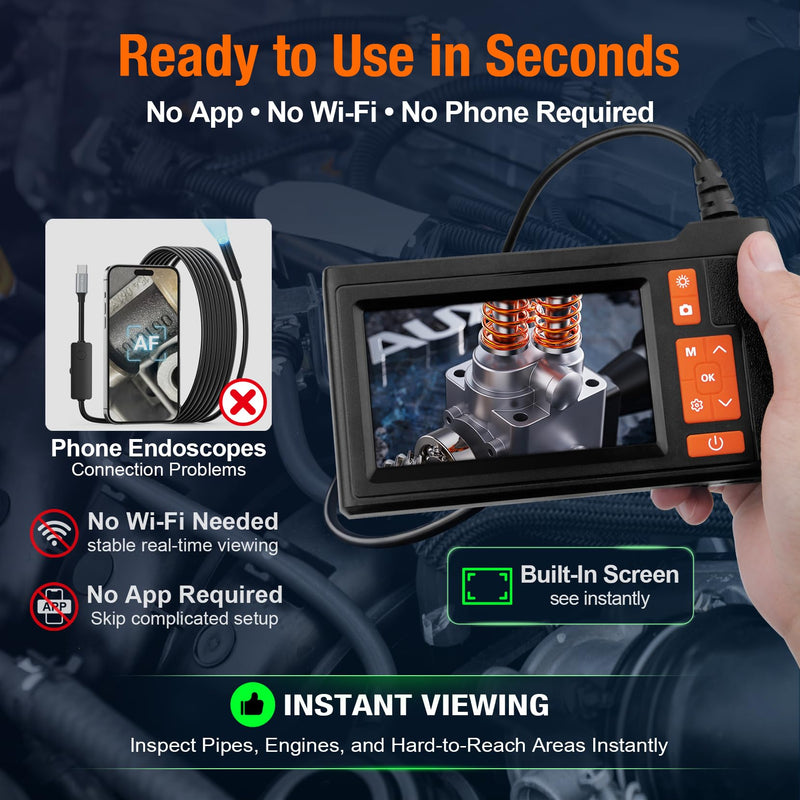 Borescope Camera with Light, 4.3" IPS Screen Endoscope, No Phone No App Inspection Camera with Light, 16.4ft Semi-Rigid Cable, 8LED Industrial Endoscope with 32GB Card for Auto, Pipe & Home Inspection
