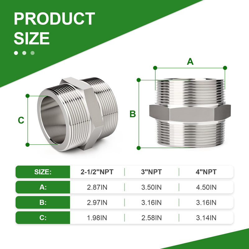 TAISHER 1pcs Hex Nipple 304 Stainless Steel NPT 3"NPT Male Pipe Fitting 3"MNPT 1