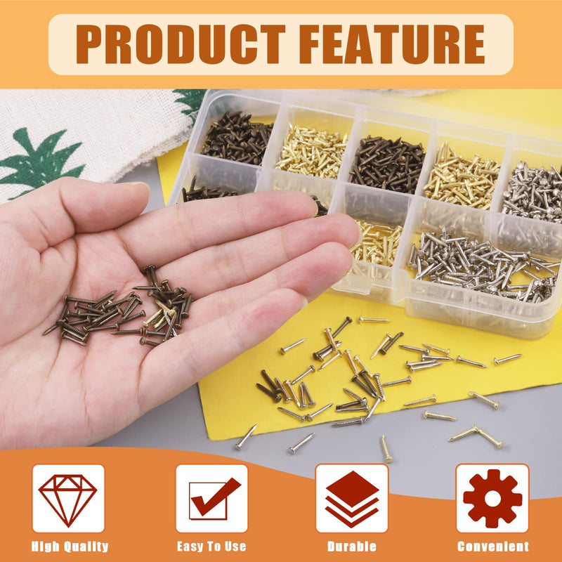 Tanstic 1600Pcs Small Tiny Nails Kit, 6mm, 8mm, 10mm Tiny Wooden Nails for Wooden DIY Decorative Pictures Mini Boxes Household Accessories (Gold/Bronze/Silver)