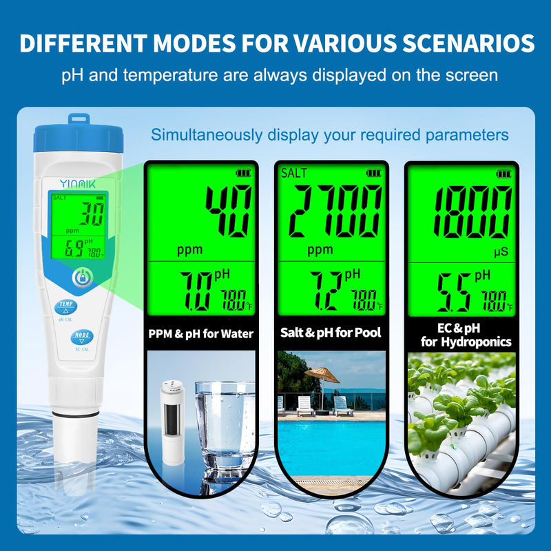 pH Salt Meter for Home, Simultaneous Display of pH TDS for Household Water, 2024 New Upgraded 5 in 1 EC Temp Salt TDS pH Tester for Saltwater Pool,Hot Tubs,Home Brewing,Aquarium, Hydroponics