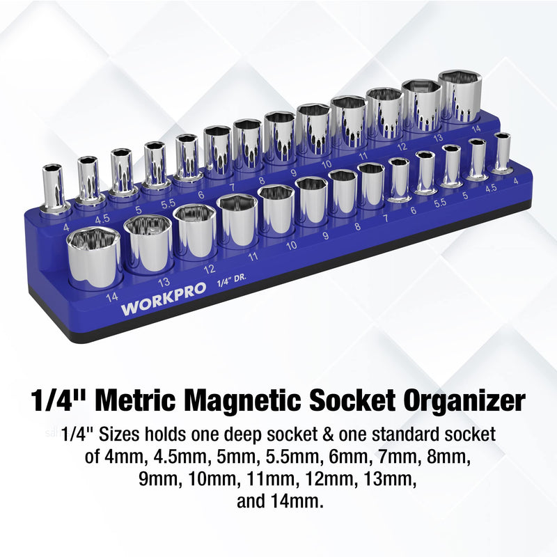 WORKPRO Magnetic Socket Organizer, 1/4-Inch Metric Socket Holder, Socket Trays Holds 26 Pieces Standard Size and Deep Size Sockets(Socket not Included) 1/4" DR, Metric