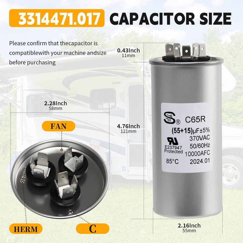 3314471.017 RV air Conditioning Capacitor is Compatible with Dometic 55/15 MFD 55+15 uF±6% 370/440V AC Capacitor Repair kit, Suitable for AC Motors or Heat Pump air conditioners.