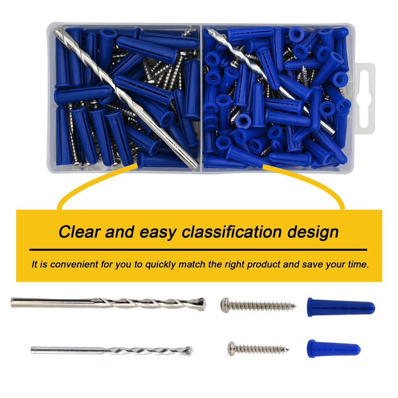 Conical Concrete Wall Anchors and Screws Kit,240 Pcs Wall Anchors and Self Tapping Screw with 2 Pcs Masonry Drill Bits,for Stucco Concrete Masonry Brick Wall.