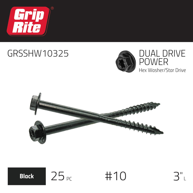 Grip-Rite GRSSHW10325#10 x 3 Structural Screw Dual Drive Power Hex Washer Star Drive Head 25CT 3 " #10 x 3"
