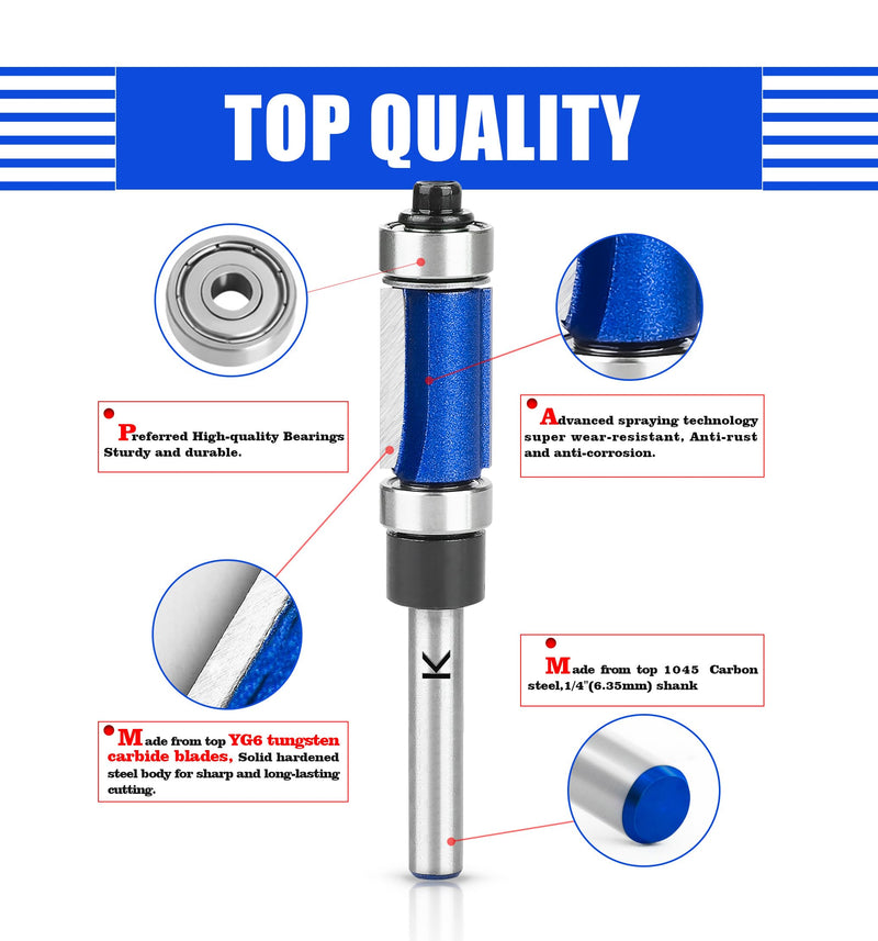4Pcs Top and Bottom Bearing Flush Trim Router Bits Set 1/4 Inch Shank, Carbide Pattern Flush Trim Cut Router bit, 1/2 Inch Cutting Diameter, 3/4", 1", 1-1/4", 1-1/2" Inch Cutting Length 4Pcs Bits Set -1/4" Shank Top and Bottom Bearing Flush Trim Bits