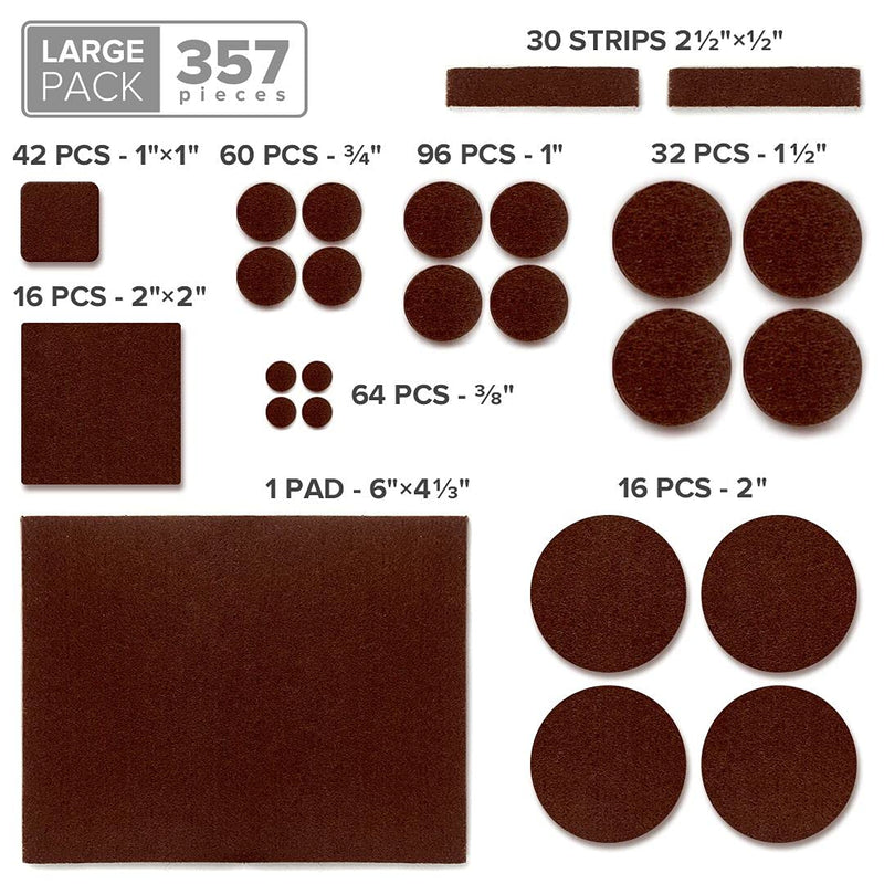X-PROTECTOR 357 pcs Premium Huge Pack Felt Furniture Pads! Quantity of Furniture Sliders with Many Big Sizes – Your Ideal Floor Protectors. Protect Your Hardwood & Laminate Floor! 357 PCS Brown