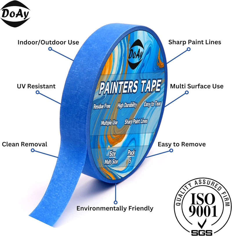 Blue Painters Tape 1/4" 3/8" 1/2" 5/8" 3/4" x 60 Yard - Multi Size Pack - Multi Surface Use - 5 Rolls 0.25" 0.37" 0.50" 0.62" 0.75"