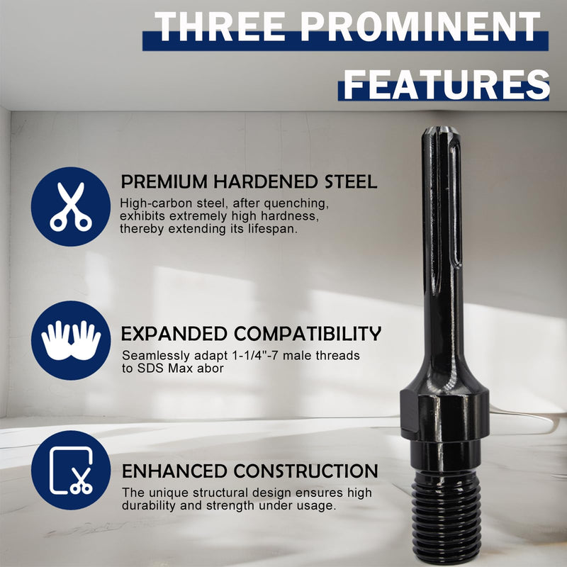 1-1/4"-7 Male Thread to SDS Max Core Drill Bit Adapter, Premium Convenient Converter, 1-1/4"-7 SDS Max Core Bit Adapter for Concrete Coring Drill 1-1/4"-7 Male Thread SDS MAX Shank